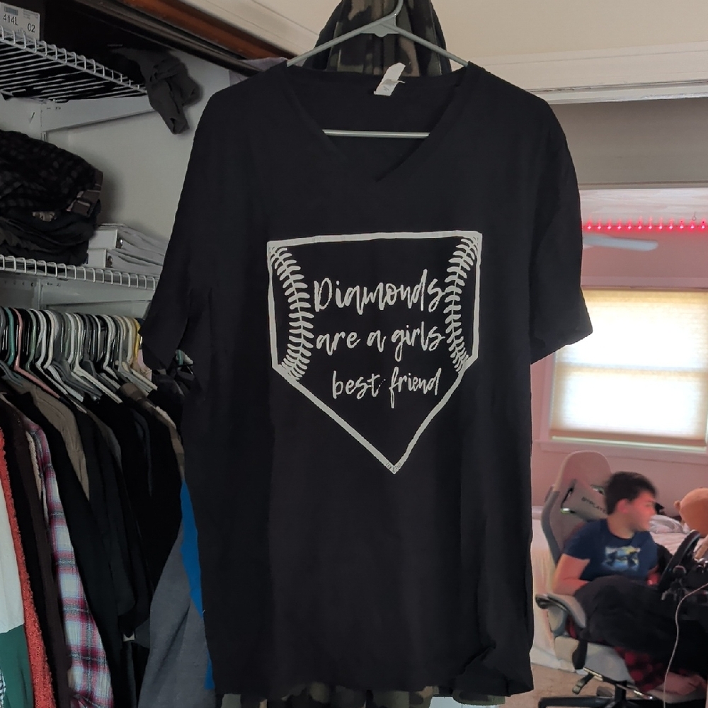 Abella Black V-Neck Tee with White Home-Plate Graphic and Script